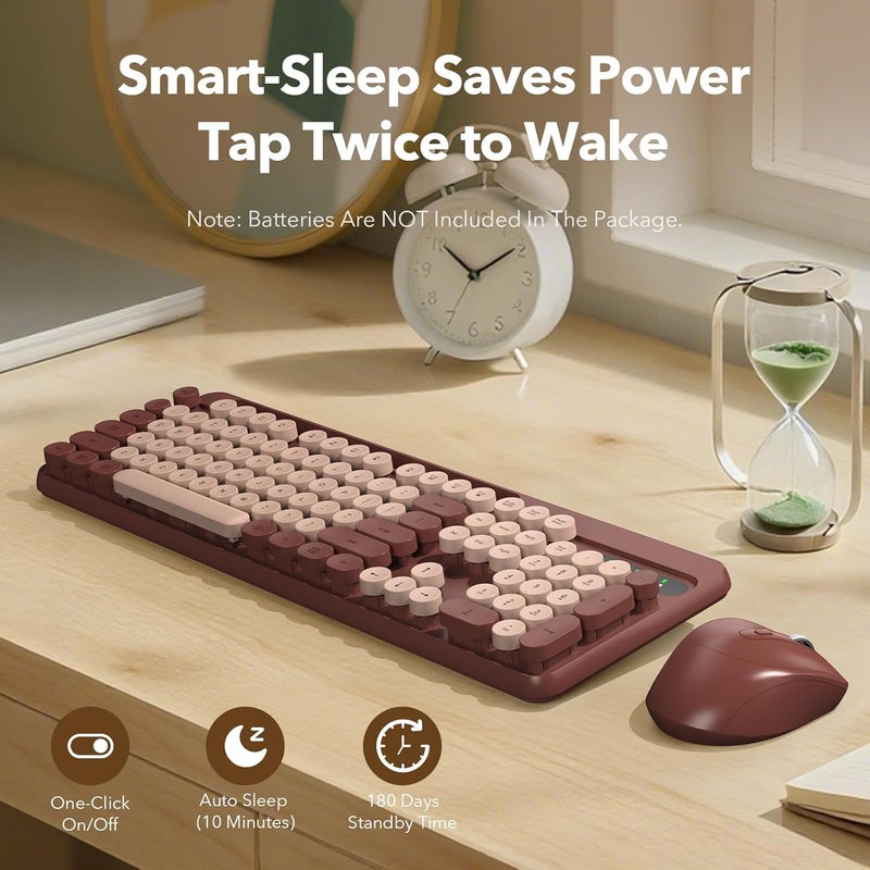 Trueque Wireless Keyboard and Mouse Combo, Retro Round Keycaps, Full-Size Cute Typewriter Keyboard with Large Phone/Tablet Holder, Auto-Sleep, 2.4GHz Cordless Connection for Windows/PC/Laptop (Wine Red) - Image 5